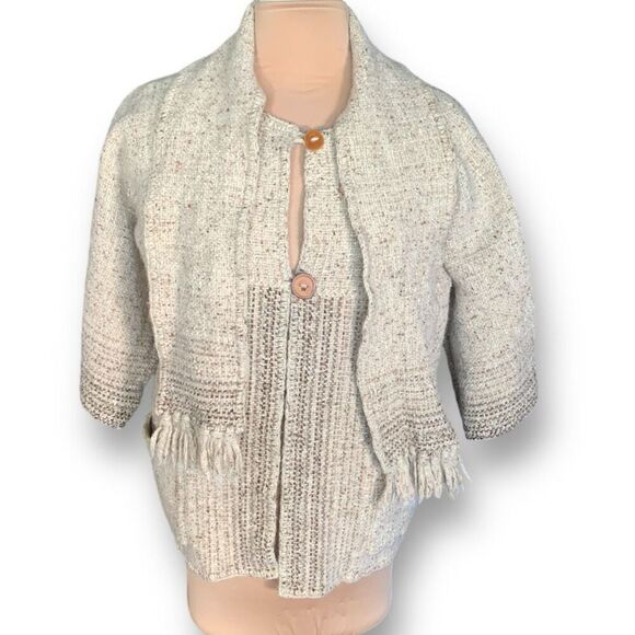 Vintage Shepherds Harvest Knit Wool Cardigan Sweater Oatmeal Fringe Scarf - Picture 1 of 10